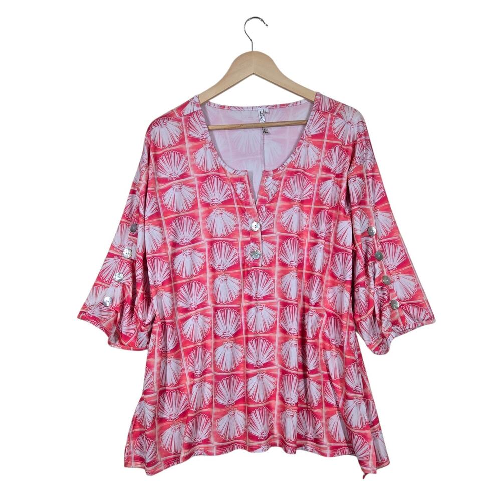 Lulu B Popover Tunic Top sz L Pink White 3/4 Sleeve Seashells Beach Vacation